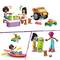 A scene with toy figures cooking and traveling. Figures with vehicles and accessories. Focus on adventure and leisure activities.