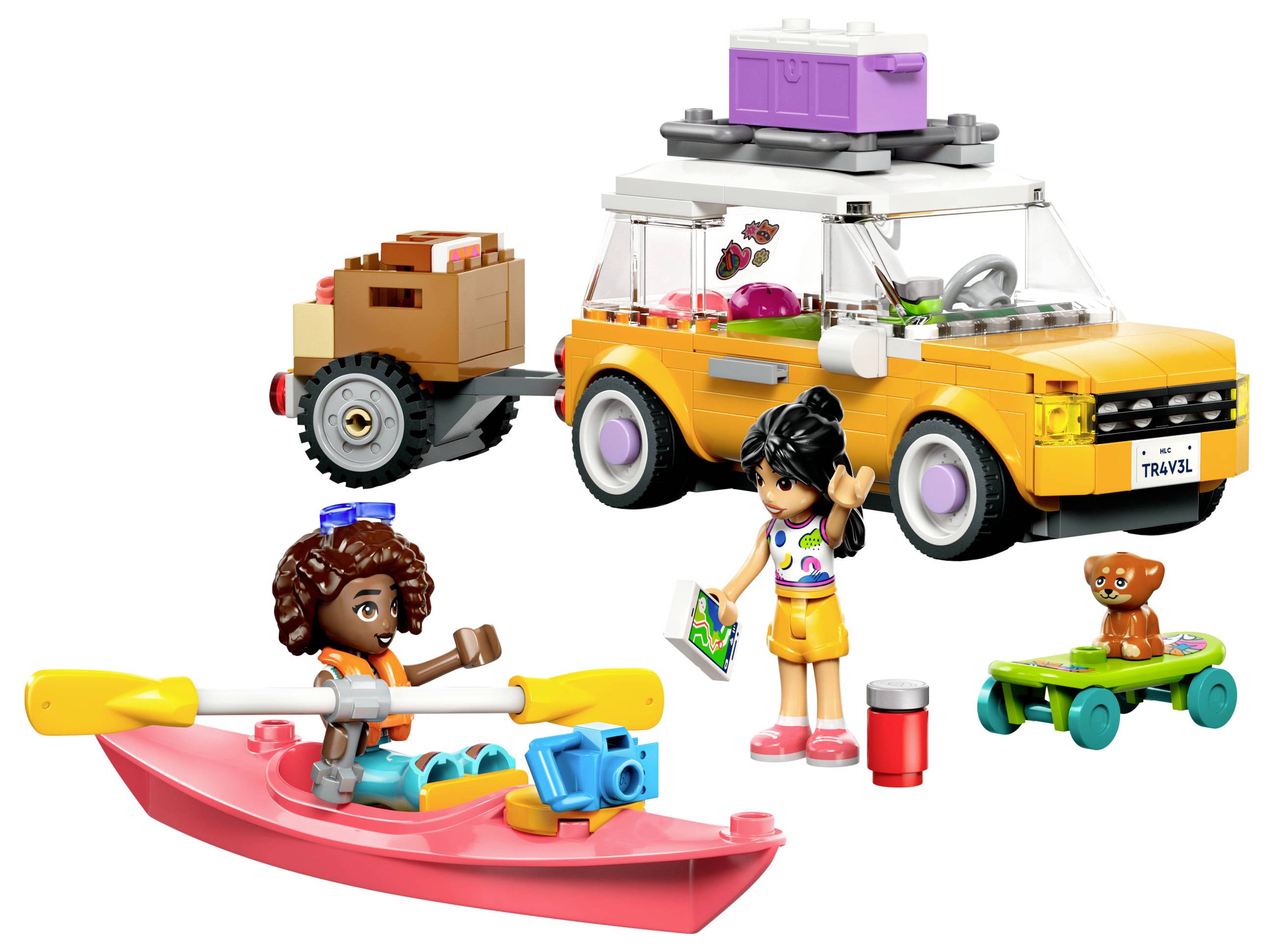 Toy scene with car, trailer, kayak and skateboard. Two figures, one in the kayak, one standing and holding a map. A small dog on the skateboard.