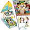A playset with figures, playhouse and colorful accessories. Scenes show leisure activities on a boat and at the beach.