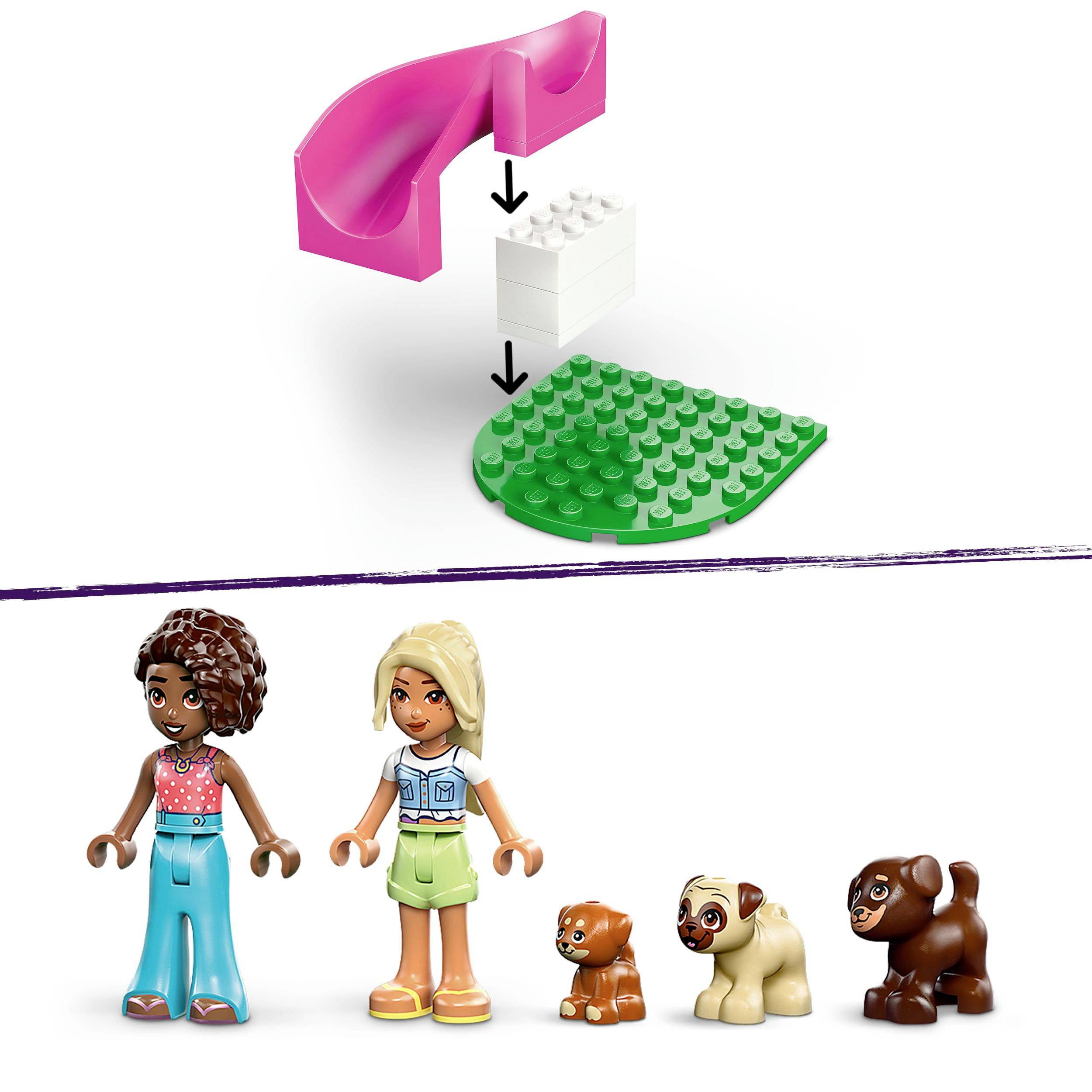 Two Lego figures are standing next to each other. Next to them are three small Lego animal figures. Above is an instruction manual for building.