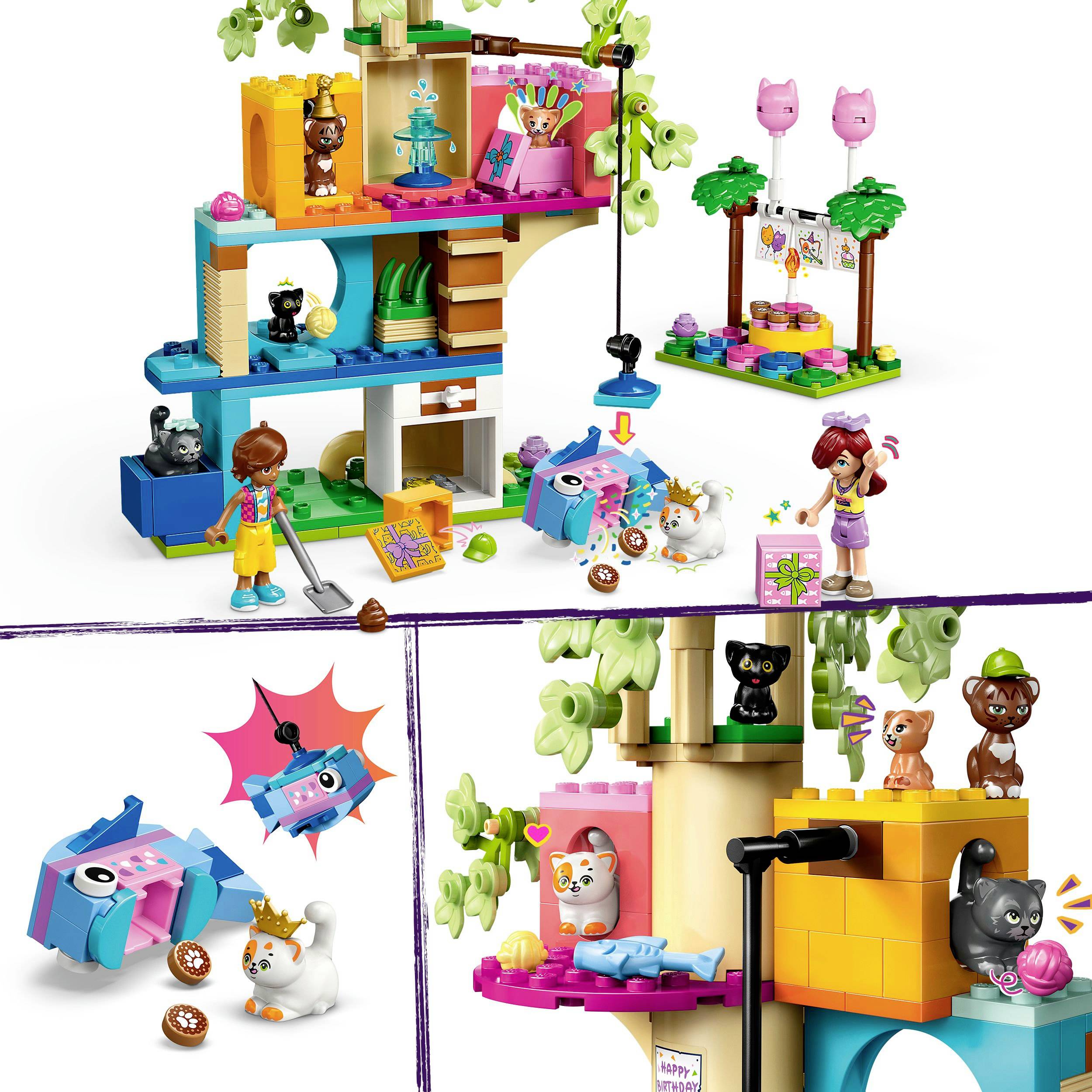 Lego play scene with a colorful treehouse construction, figures, animals and accessories. Children are depicting scenes with animals.