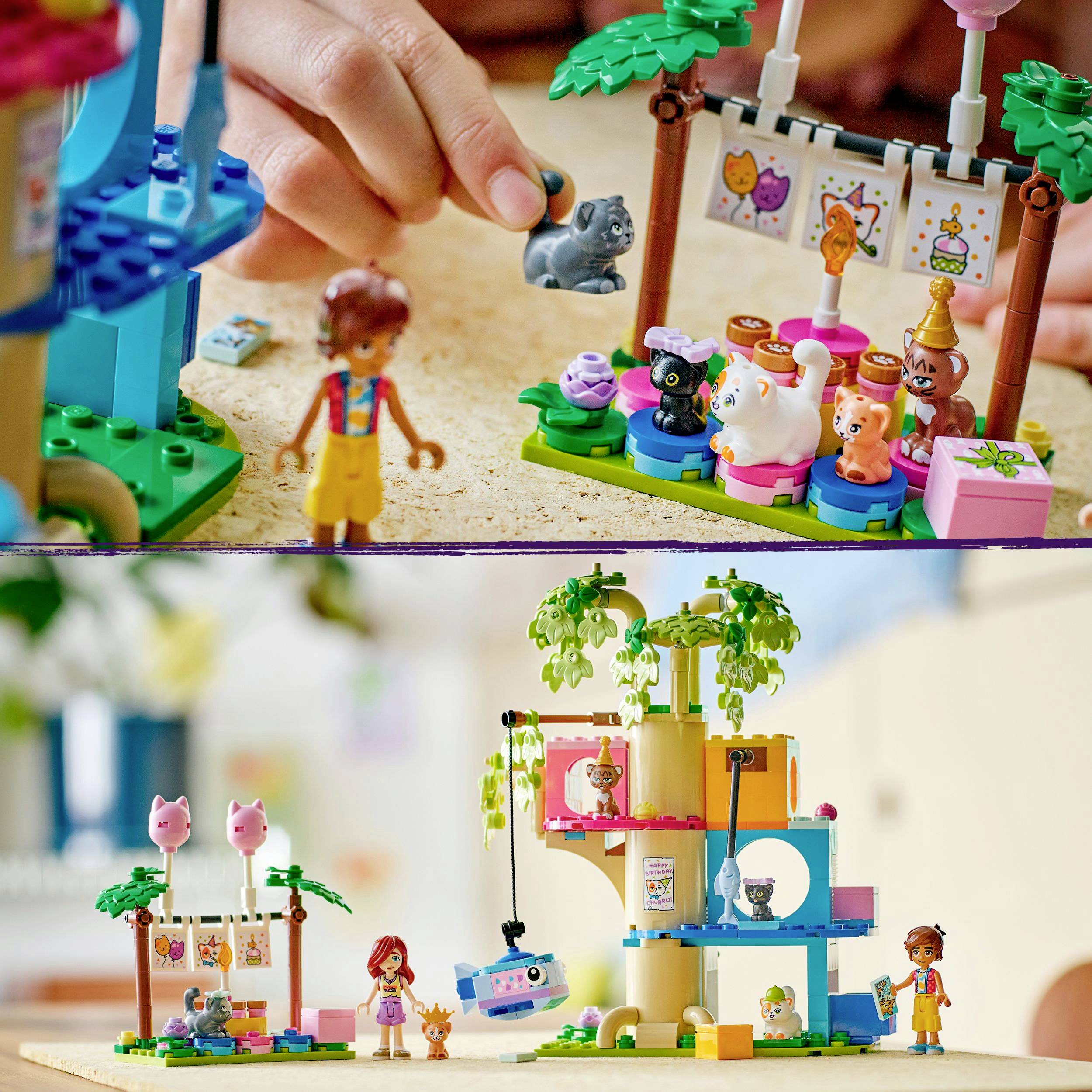 Two scenes with toy figures and a tree house: First shows a hand during interaction, second shows an imaginative play scene.