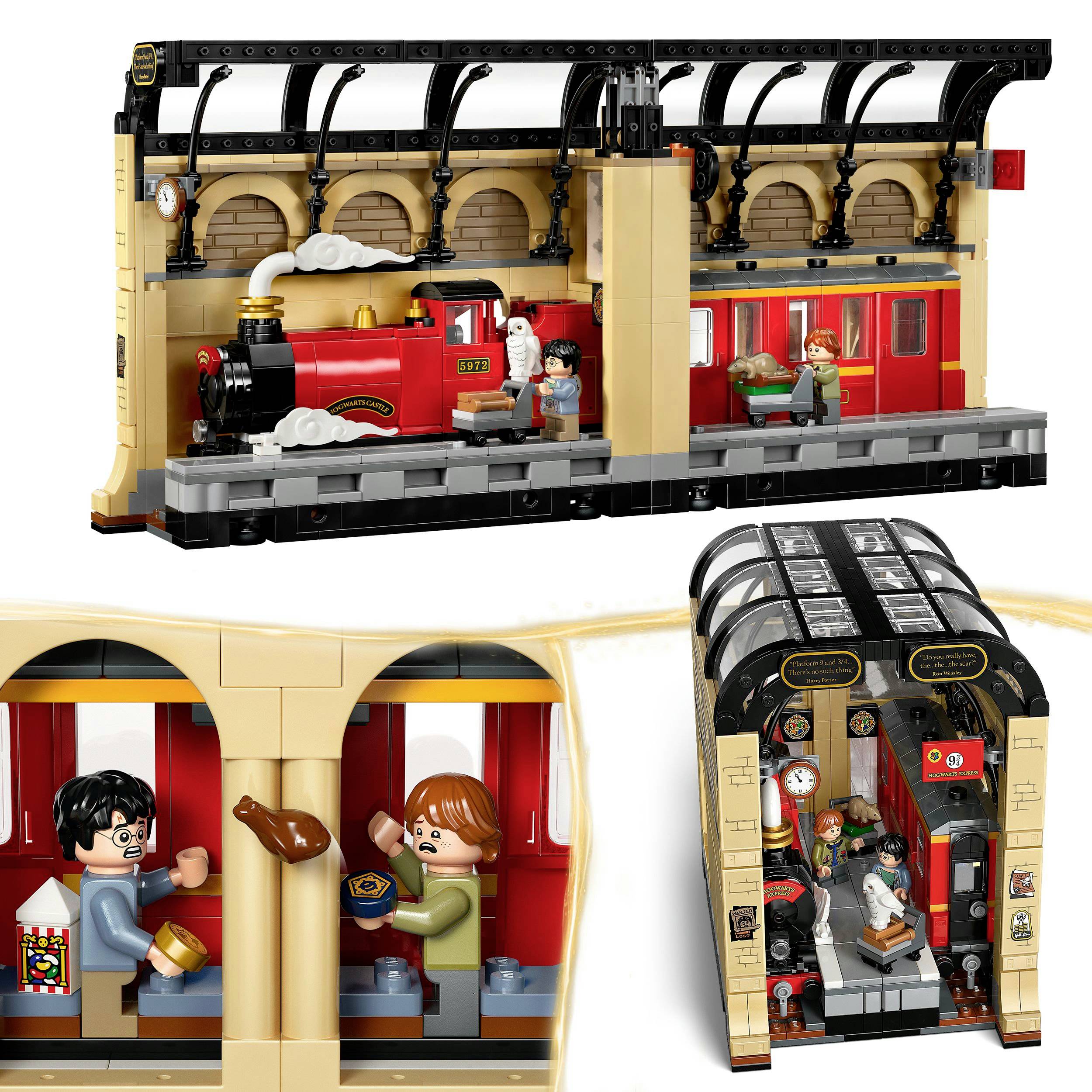 Lego model of a red train with figures. Scenes include passengers in the train, environmental details of a train station hall with columns and arches.