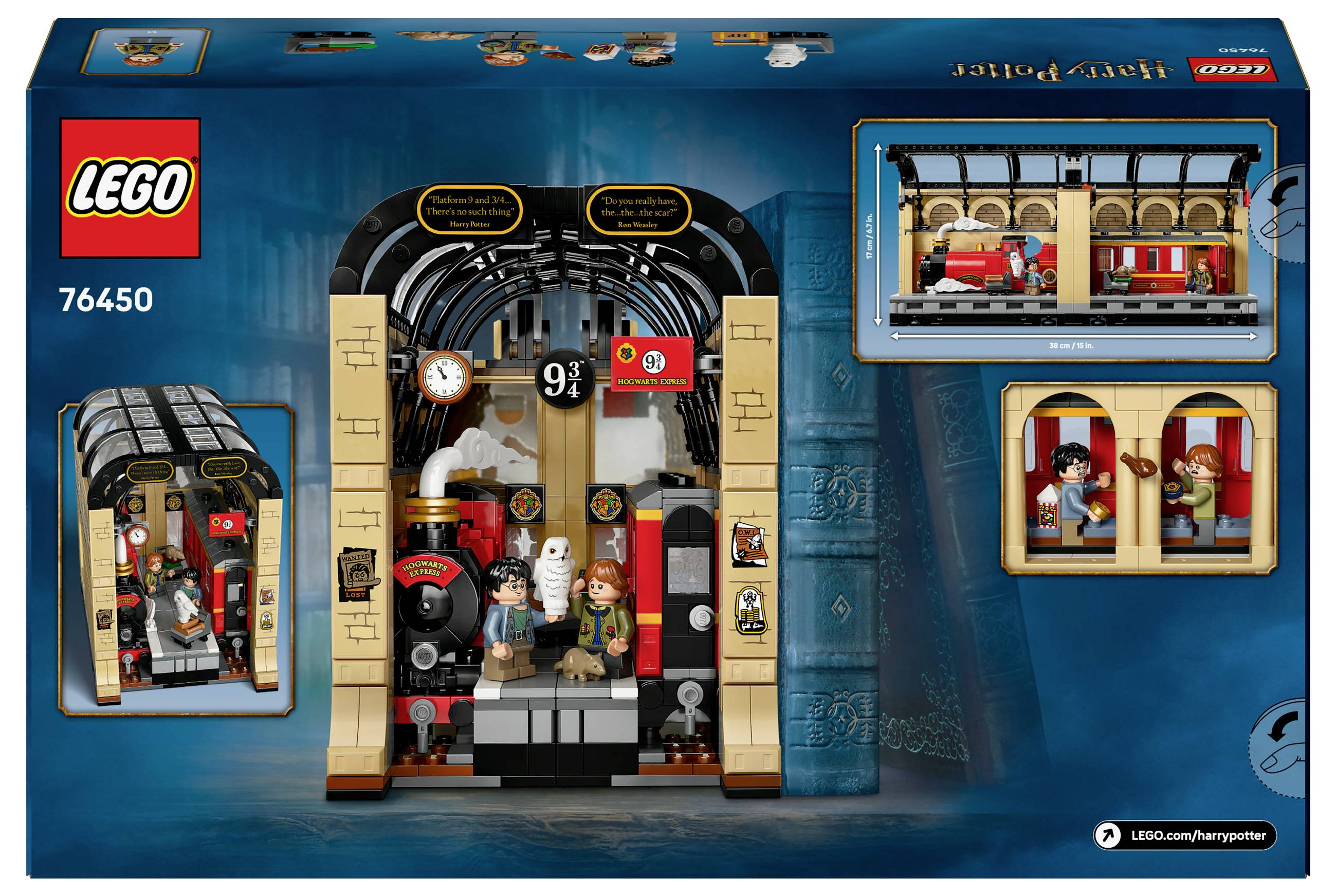 LEGO set with Hogwarts Express on Platform 9¾. Includes figures and details from Harry Potter. Back of packaging shows train and minifigures.