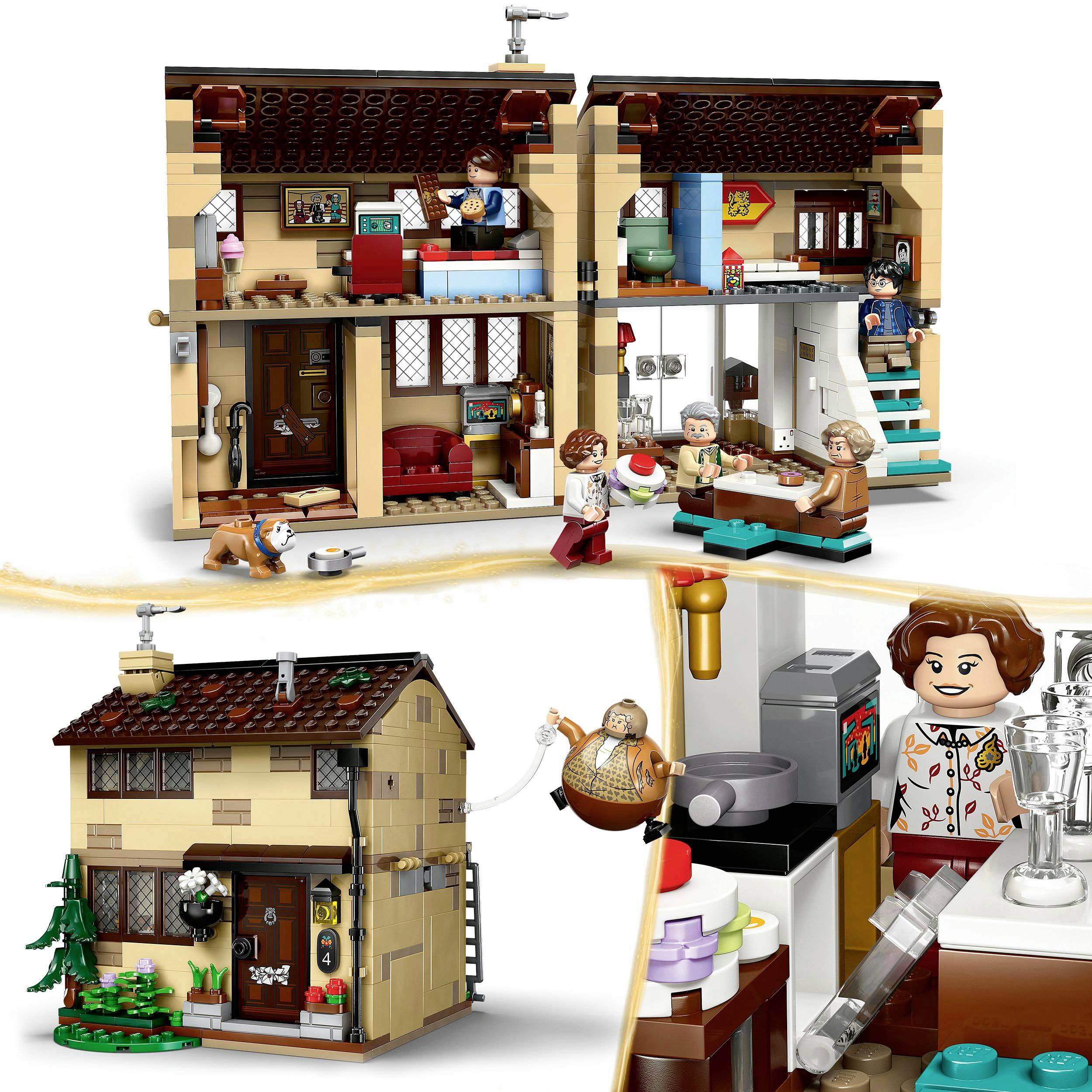 Toy house made of small building blocks with multiple rooms, figures playing and cooking. Richly detailed with furniture.