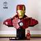 A LEGO bust of Iron Man MK43 in red and gold, on a black base with nameplate. Includes a small Iron Man minifigure.