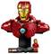 LEGO bust of Iron Man MK43 with glossy red and gold coloring. Small Iron Man figure next to it.