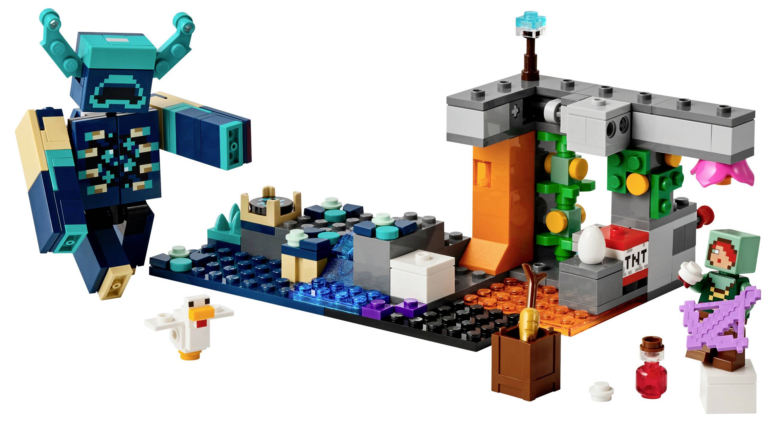 Building blocks and figures show a fantasy scene with a blue monster, an armored character, and colorful buildings.