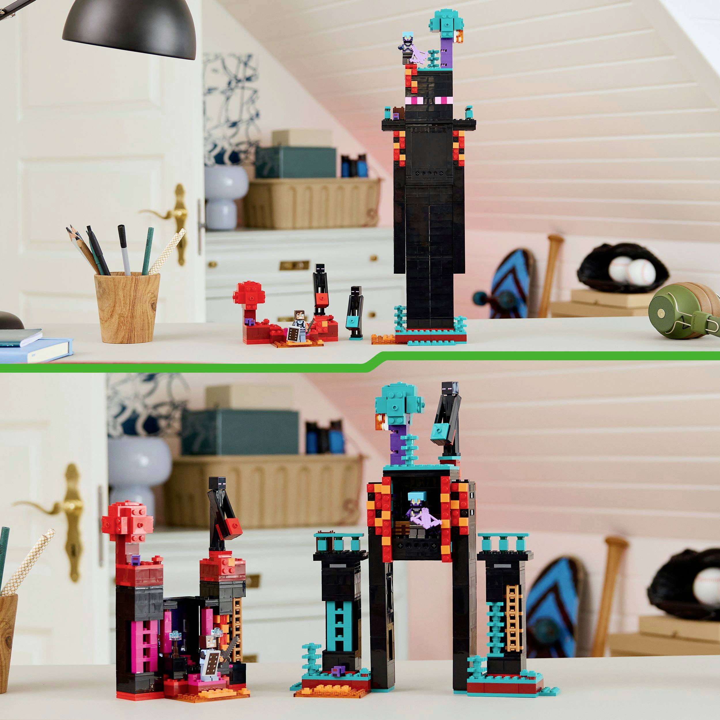 Two scenes with colorful building block robots in a room. Top: Robot with smaller figures, bottom: Robot with movable arms.