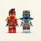 Two Lego figures: on the left a red ninja with headband and eye mask; on the right a blue-gray figure with monster helmet and printed torso.