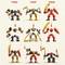 Three colored robot figures in different poses with accessories. Numbers above each figure. Arrows show transformation steps.