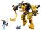 A black and orange toy robot with a large golden sword faces off against a toy warrior with a rabbit head and sword. A small gray toy dragon lies nearby.