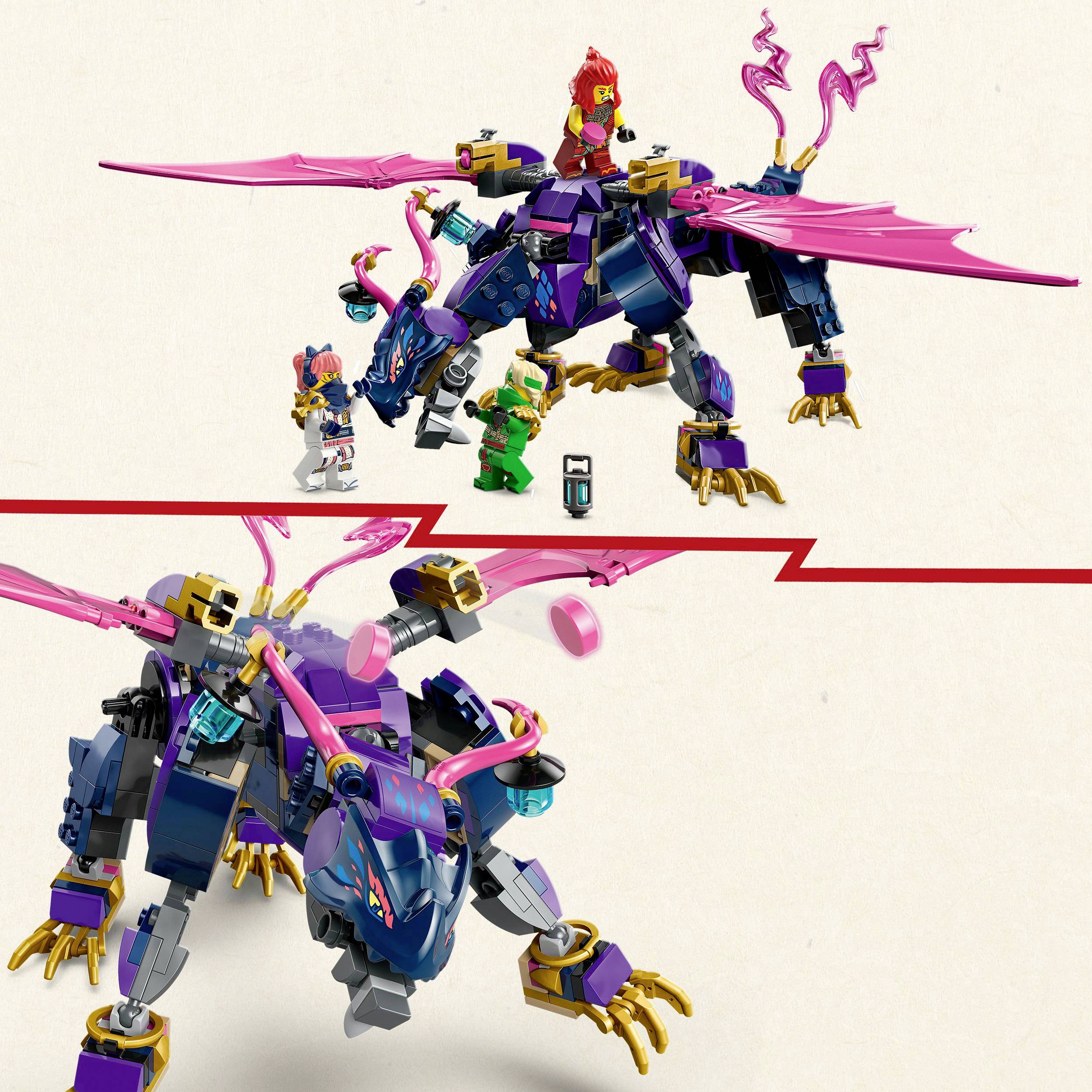 A buildable toy dragon with movable legs and wings. A figure sits on it, surrounded by several smaller figures.
