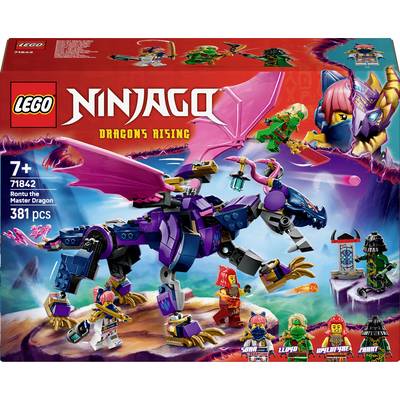 LEGO Ninjago Set 'Dragons Rising' with purple dragon, 381 pieces. Includes three figures and one dragon for ages 7 and up.