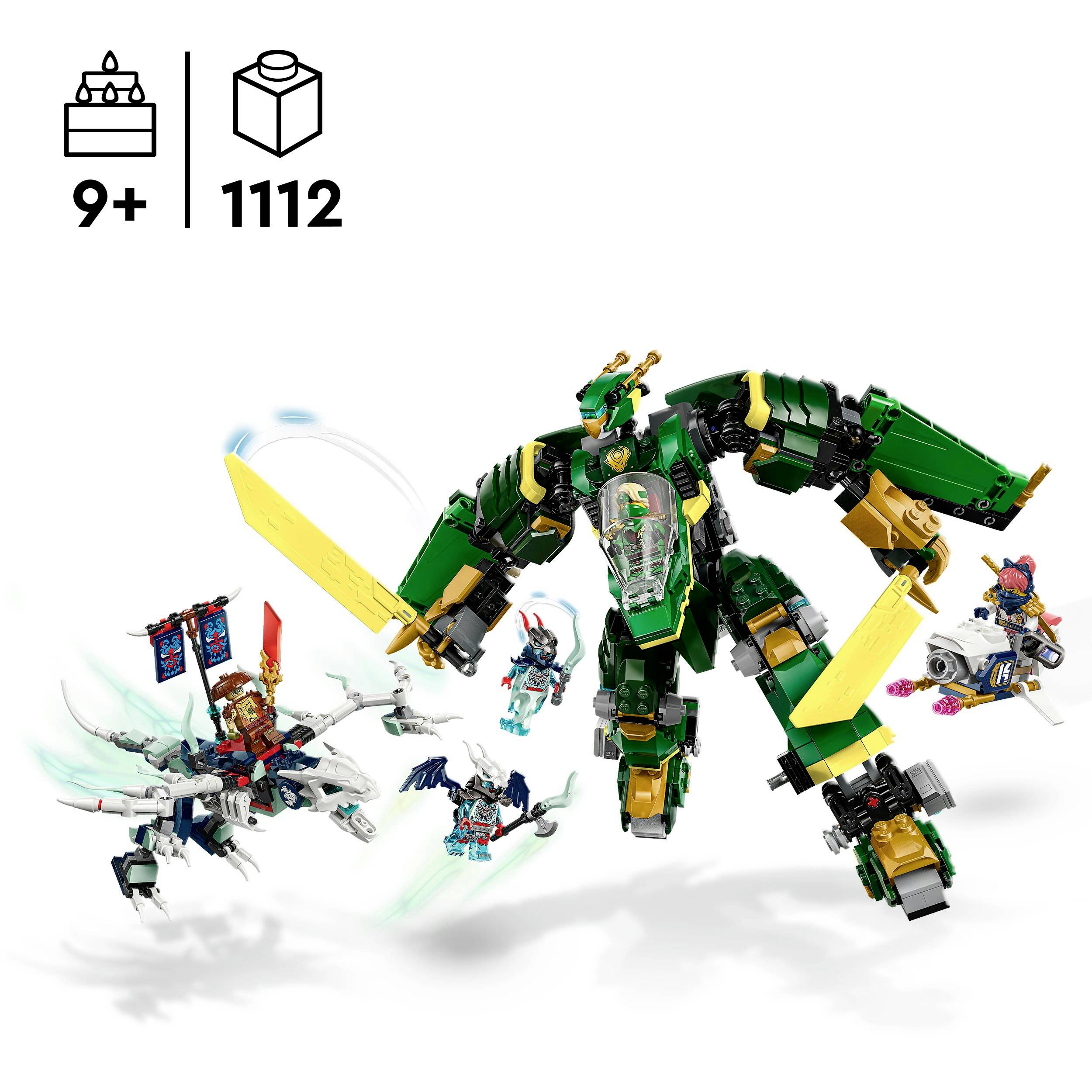 A green, mechanical dragon made of building blocks with a yellow sword. In the background, additional figure-like constructions are visible. Ages 9+, 1112 pieces.