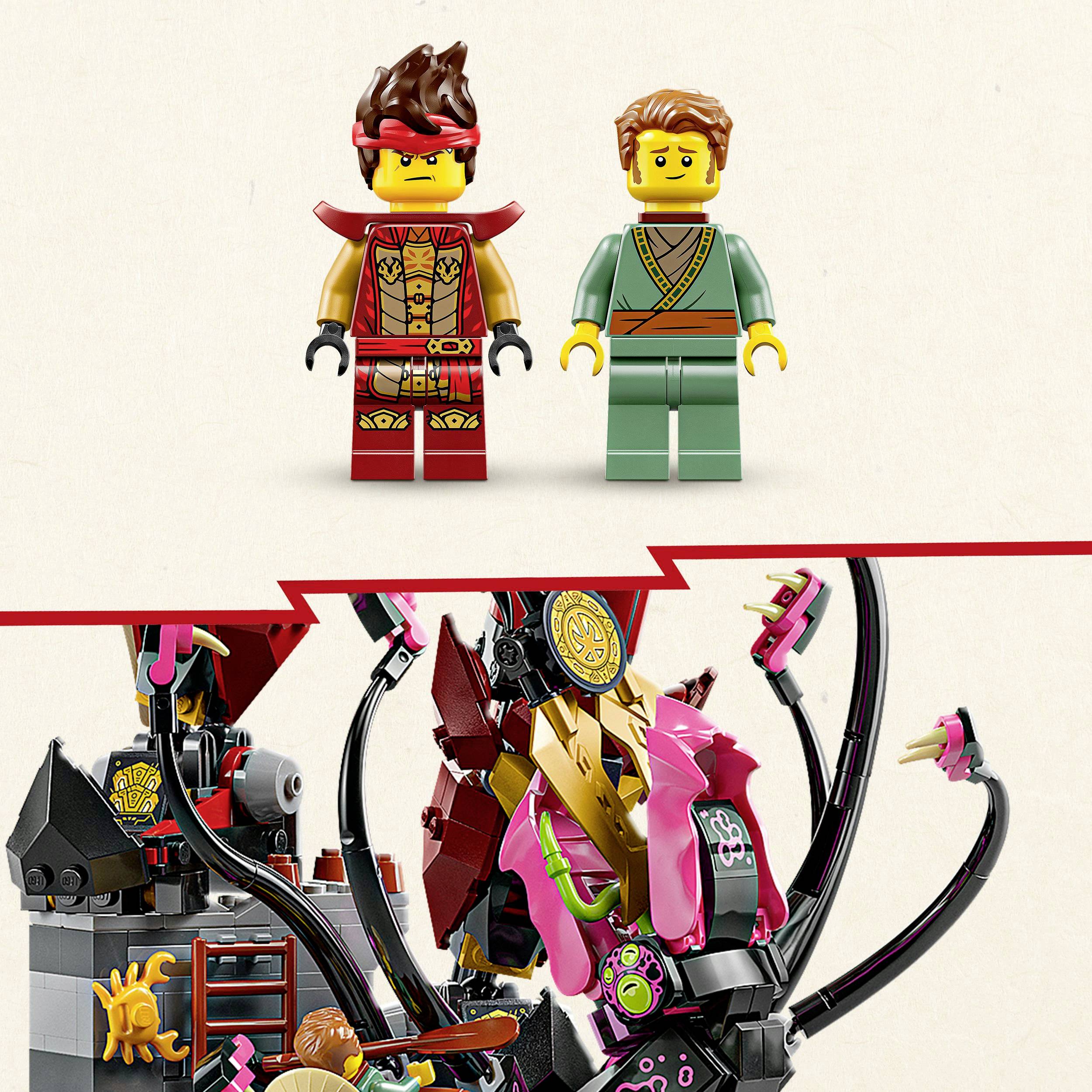 Two LEGO figures, one dressed in red, one in green. Below them a LEGO set with a large, colorful dragon and a machine.