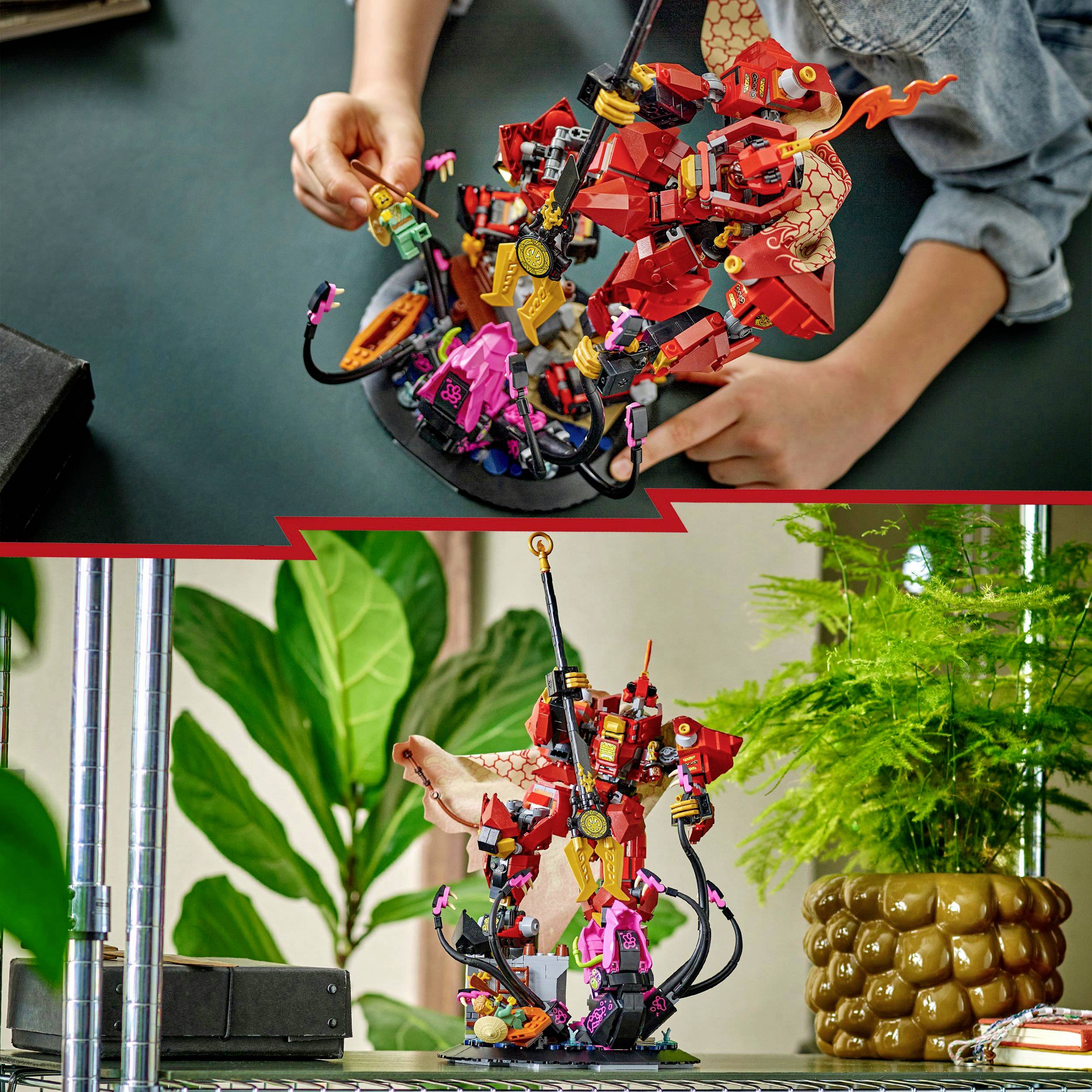 A person is assembling a colorful robot and dragon Lego model; plants on a table in the background.
