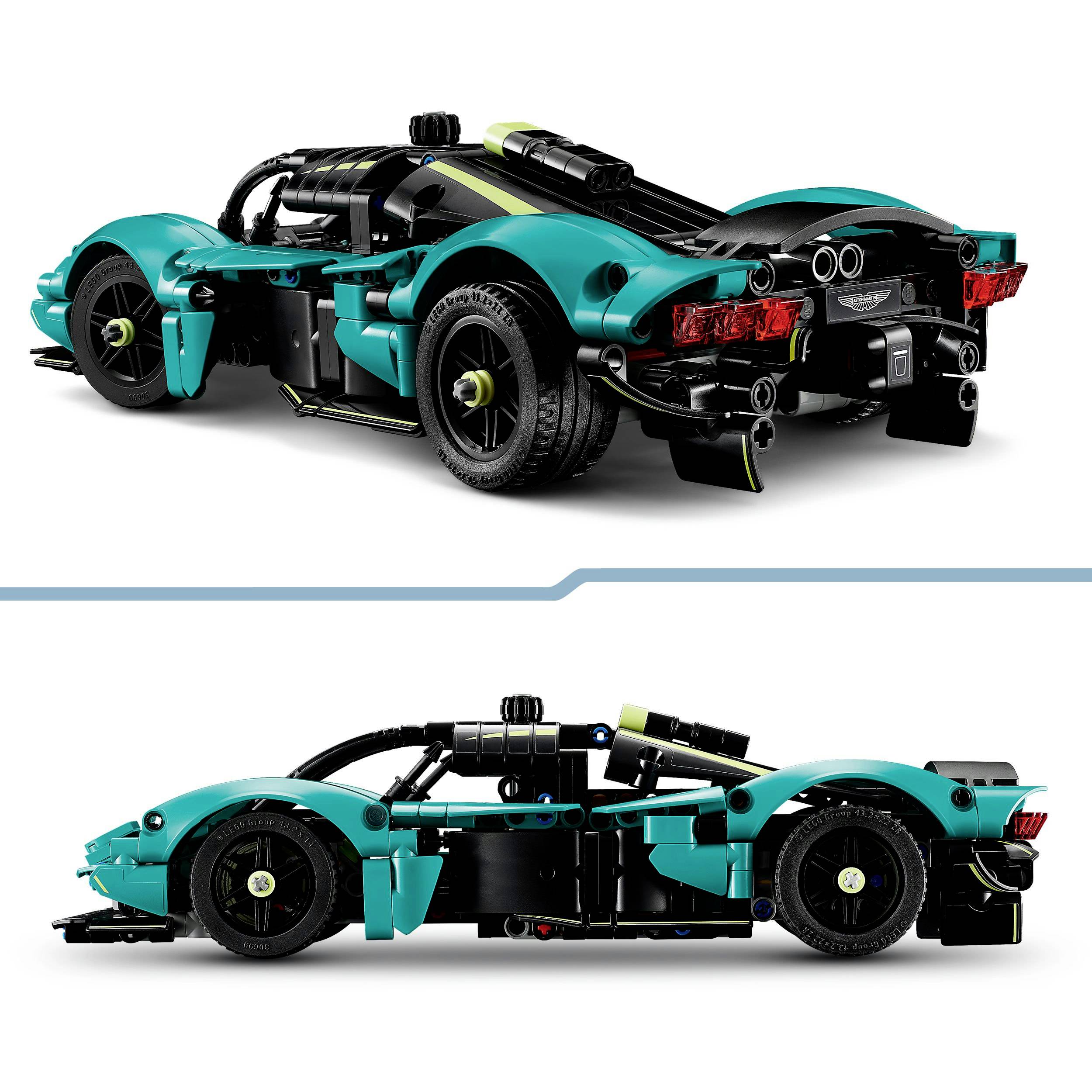 A modeled car made of Lego that represents a sports car. It is turquoise-colored and shows many details in the design.