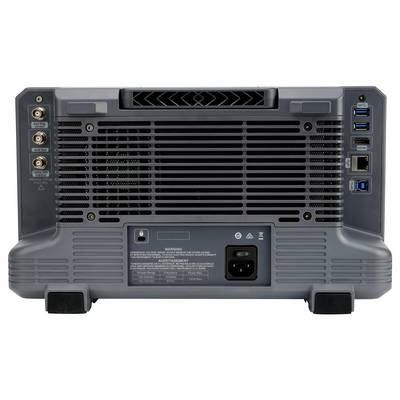 The rear of a grey electronic device with various ports: three antenna connections, USB ports, an Ethernet port, and a power connection.