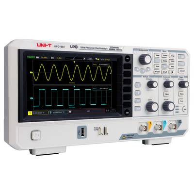 An oscilloscope displays two sinusoidal signals on the screen. Control buttons and connections are located to the right of the display.
