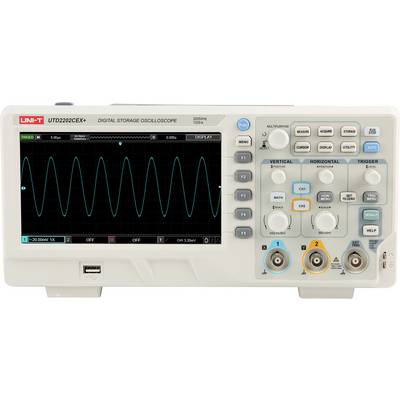 Digital storage oscilloscope with display of harmonic waveforms. Brand name in top left corner, control knobs on the right.