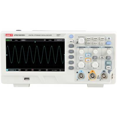 Digital storage oscilloscope displays waveform signal on the screen. Control buttons on the right-hand side.