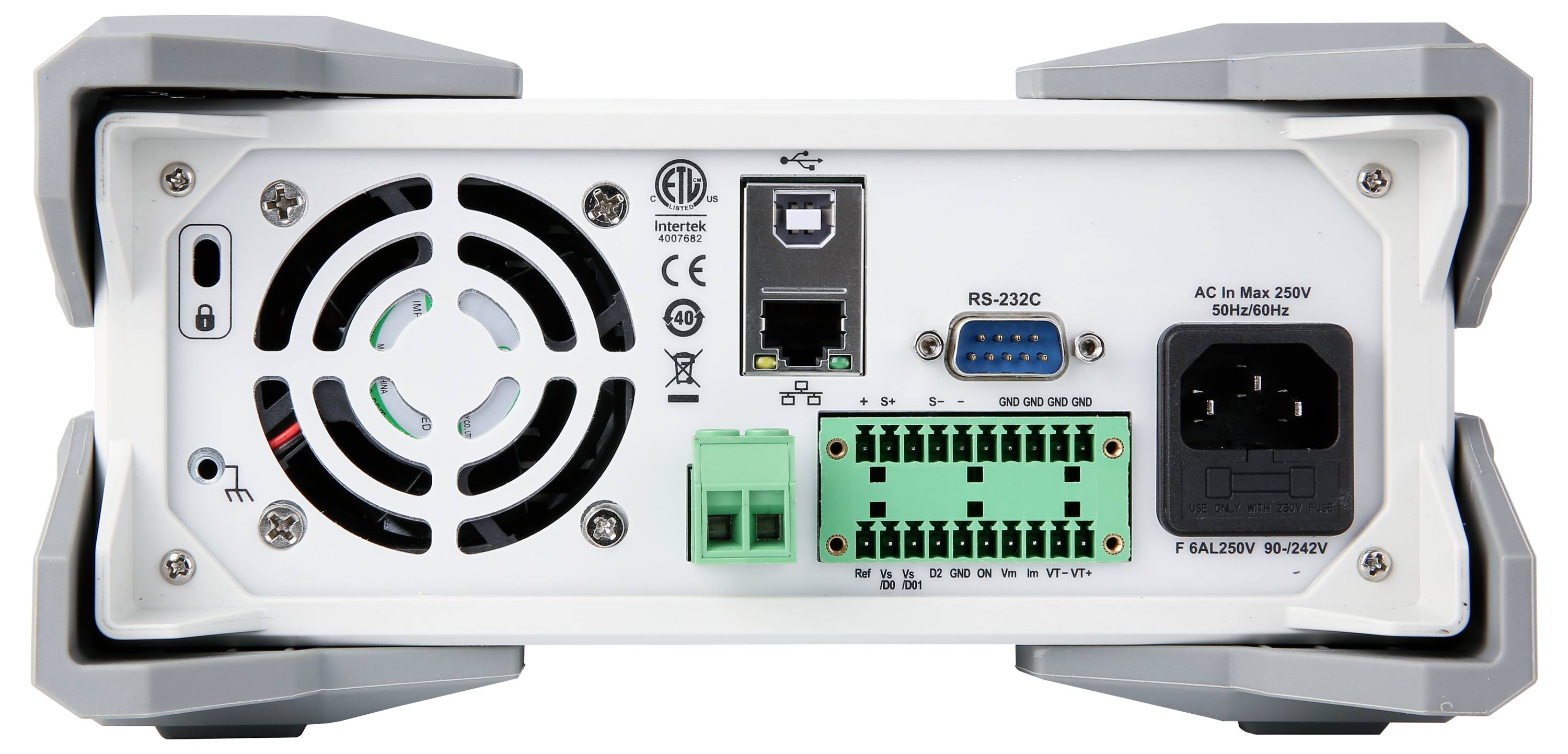 Back of an electronic device with a fan, network connection, RS-232C port, and power socket. Various ports visible.