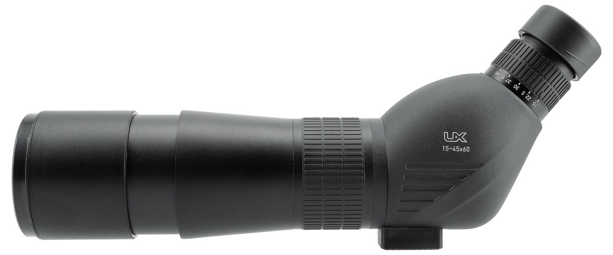 A black spotting scope with eyepiece and adjustable zoom is lying on a white background.