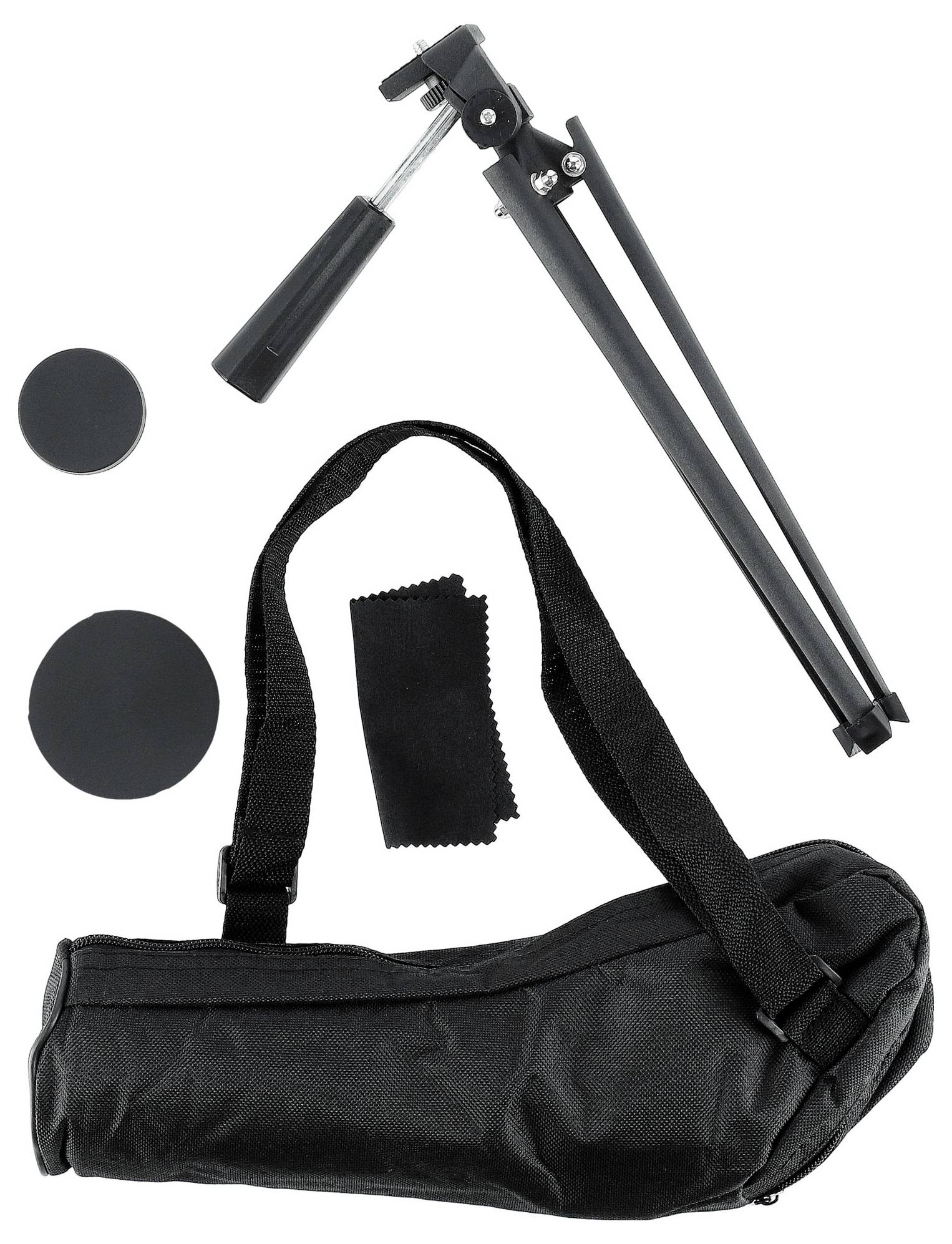 A folded, black microphone stand next to a black carry case, two round covers and a cleaning cloth.