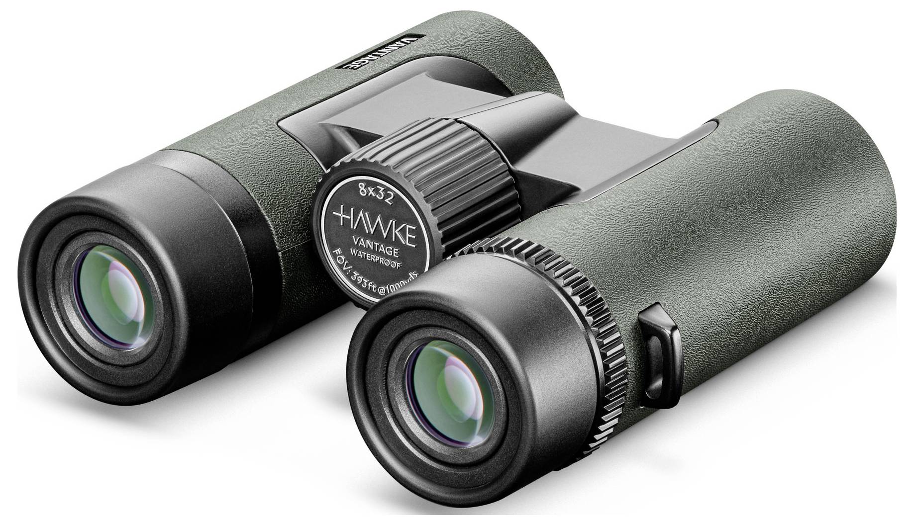 Black and green binoculars, model 'Hawke Vantage 8x32'. Viewed from an angled front view, showing lenses and focus wheel.