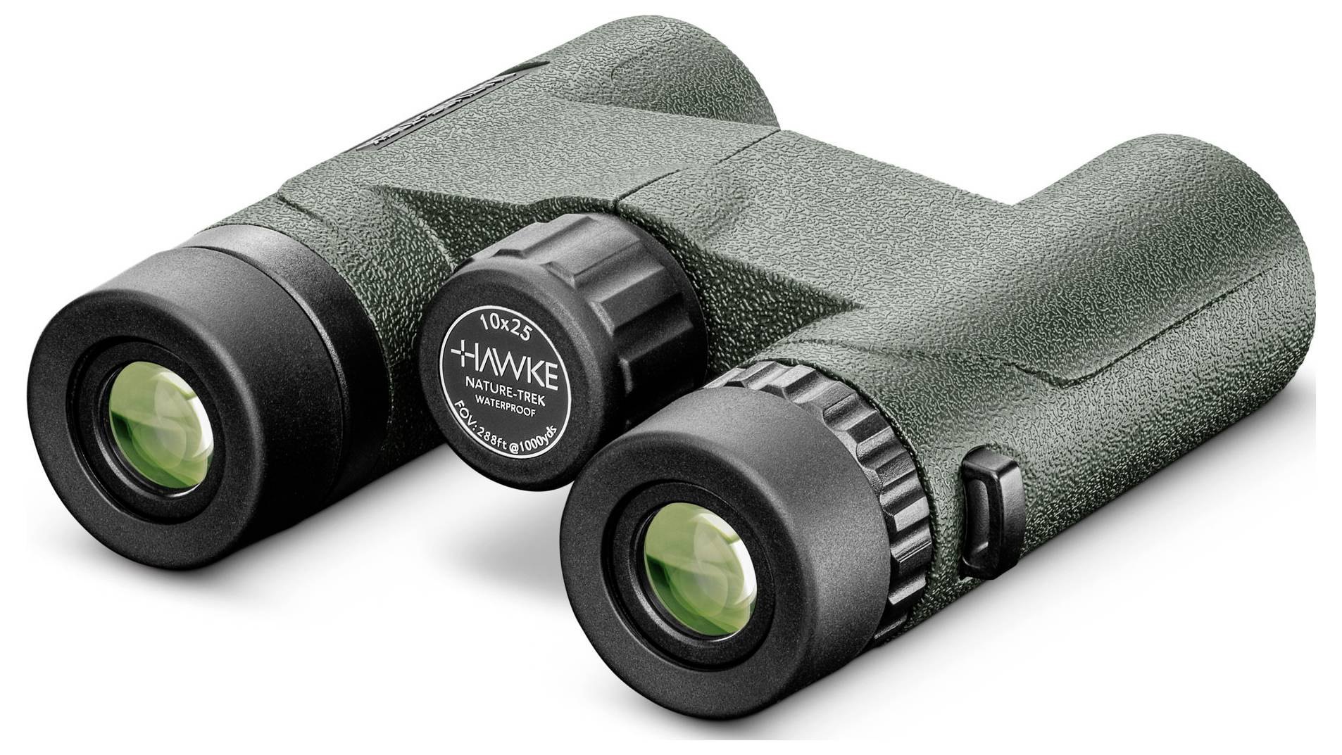 Green binoculars with non-slip grip and ten times magnification. Suitable for nature watching and outdoor activities.
