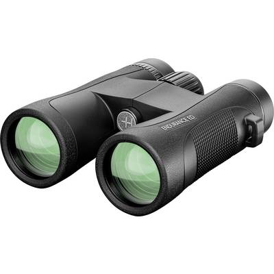 Black binoculars with green lens covers, front view.