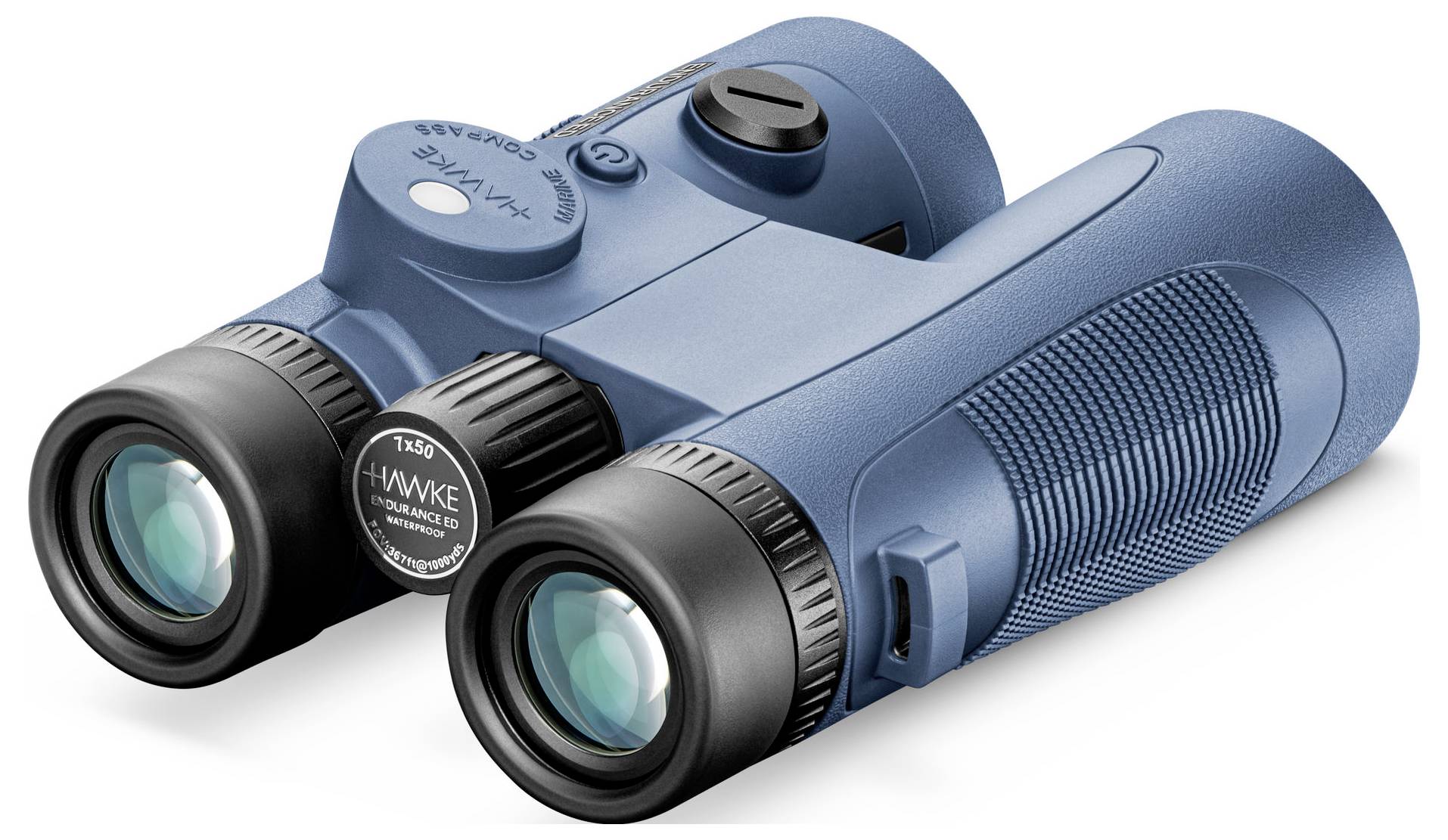 Blue binoculars with a rubberised structure for better grip and a focusing wheel in the centre, suitable for outdoor activities.