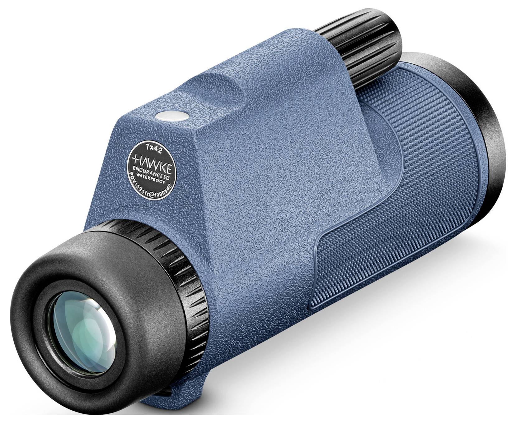 A blue Hawke monocular with a non-slip grip and focusing wheel. Suitable for nature observation.
