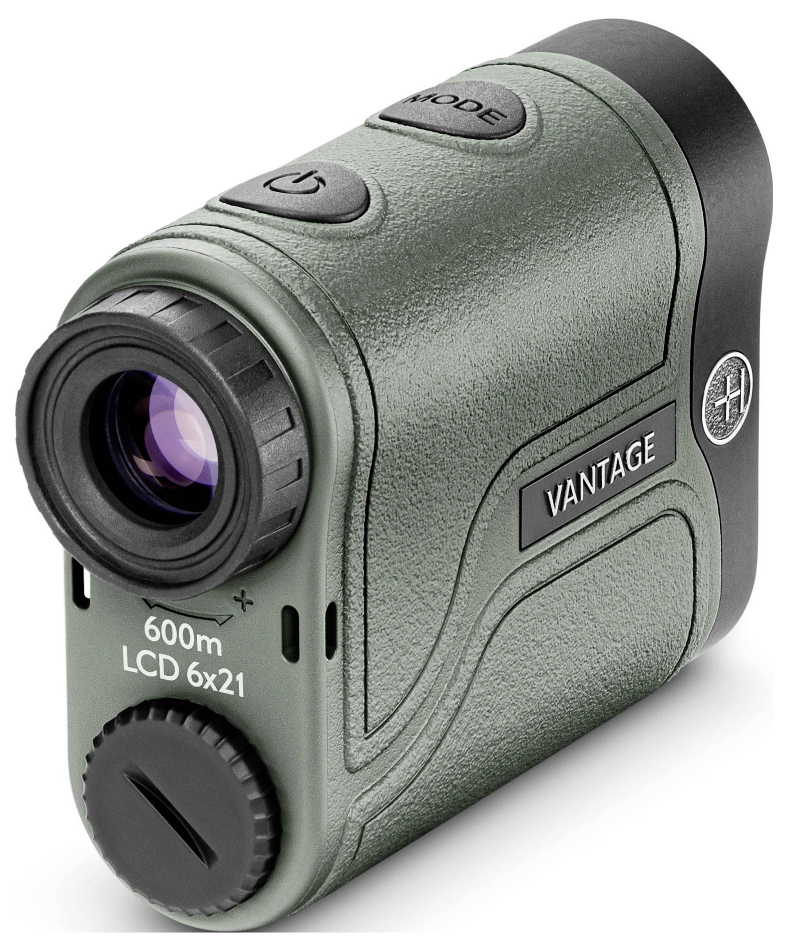 A green rangefinder with a black lens, featuring the labels 'Mode', '600m LCD 6x21', and a power symbol.