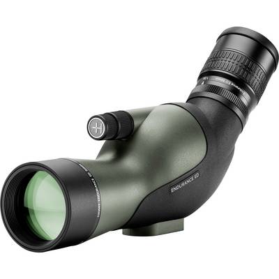 A green spotting scope with a black eyepiece and green-tinted lens. It is positioned at an angle and is suitable for bird watching.