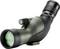 A green spotting scope with a black eyepiece and green-tinted lens. It is positioned at an angle and is suitable for bird watching.