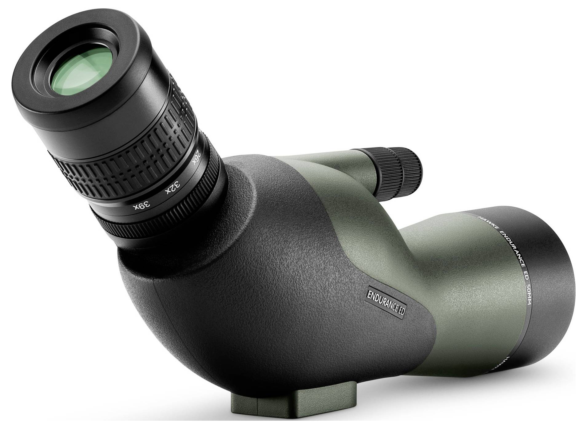 A green and black spotting scope with adjustable eyepiece, shown from the side. Suitable for nature observation.
