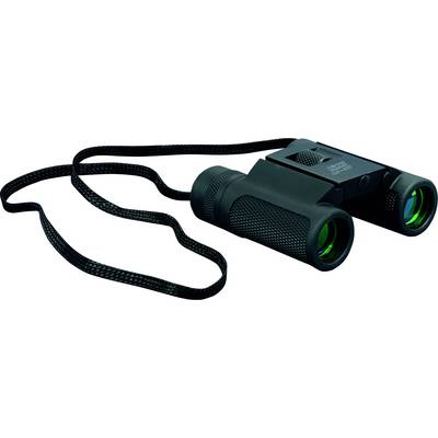 Black binoculars with green lenses and neck strap, lying on a white background.