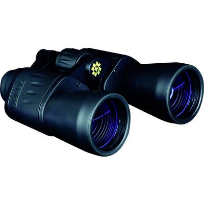 Black binoculars with blue lenses, front view.