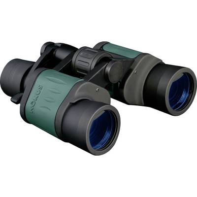 Green binoculars, partially black, with blue lenses. They are resting on a white surface, slightly tilted to the right.