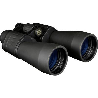 A black pair of binoculars with blue lenses lies on a white surface. It is ready to observe distant objects.