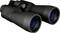 A black pair of binoculars with blue lenses lies on a white surface. It is ready to observe distant objects.