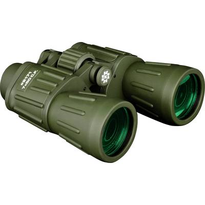 Olive green binoculars with adjustable focus. Model number on the side. Suitable for outdoor activities such as hiking or birdwatching.