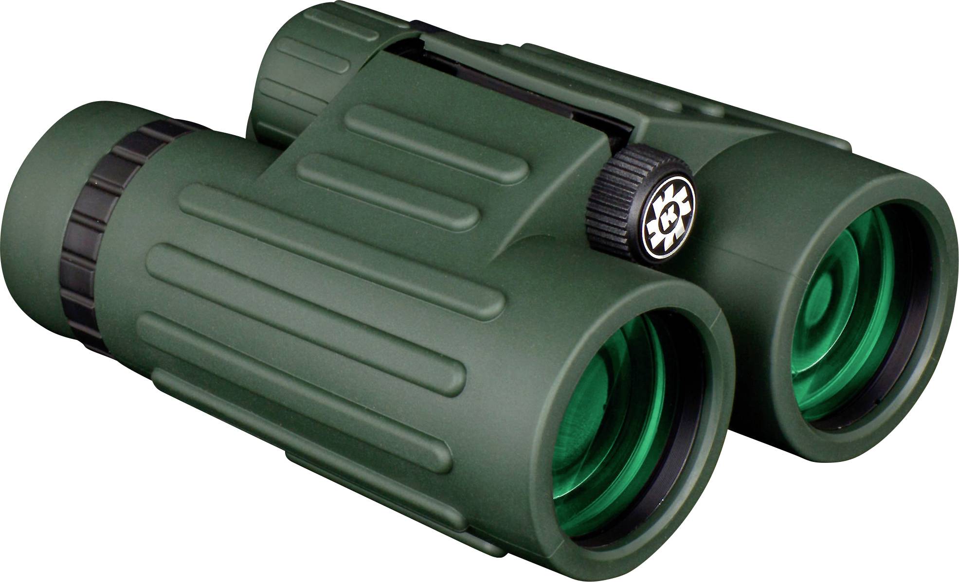 Green binoculars with adjustable focus and rubberised casing, suitable for outdoor activities such as bird watching.