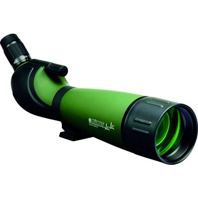 Green spotting scope viewed from the side. It has an eyepiece with zoom function and can be mounted on a tripod.