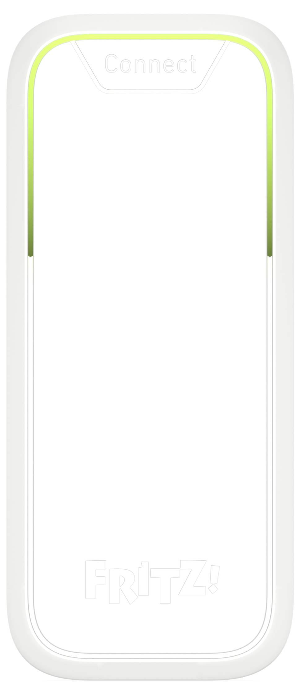 A white WLAN repeater from the FRITZ! brand with a green light strip on top, indicating operational readiness.