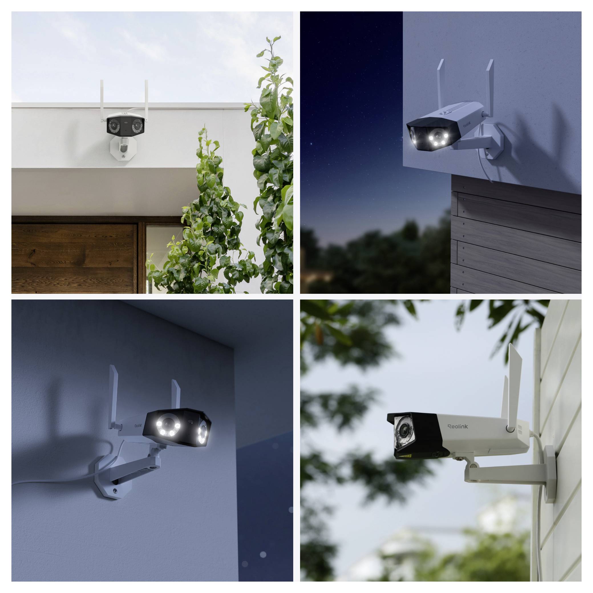 Four security cameras mounted outdoors on buildings, showing different angles and lighting conditions, emphasizing surveillance features.