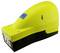 A yellow, portable voltage measuring device with a blue display, rectangular base, and integrated wall protection.