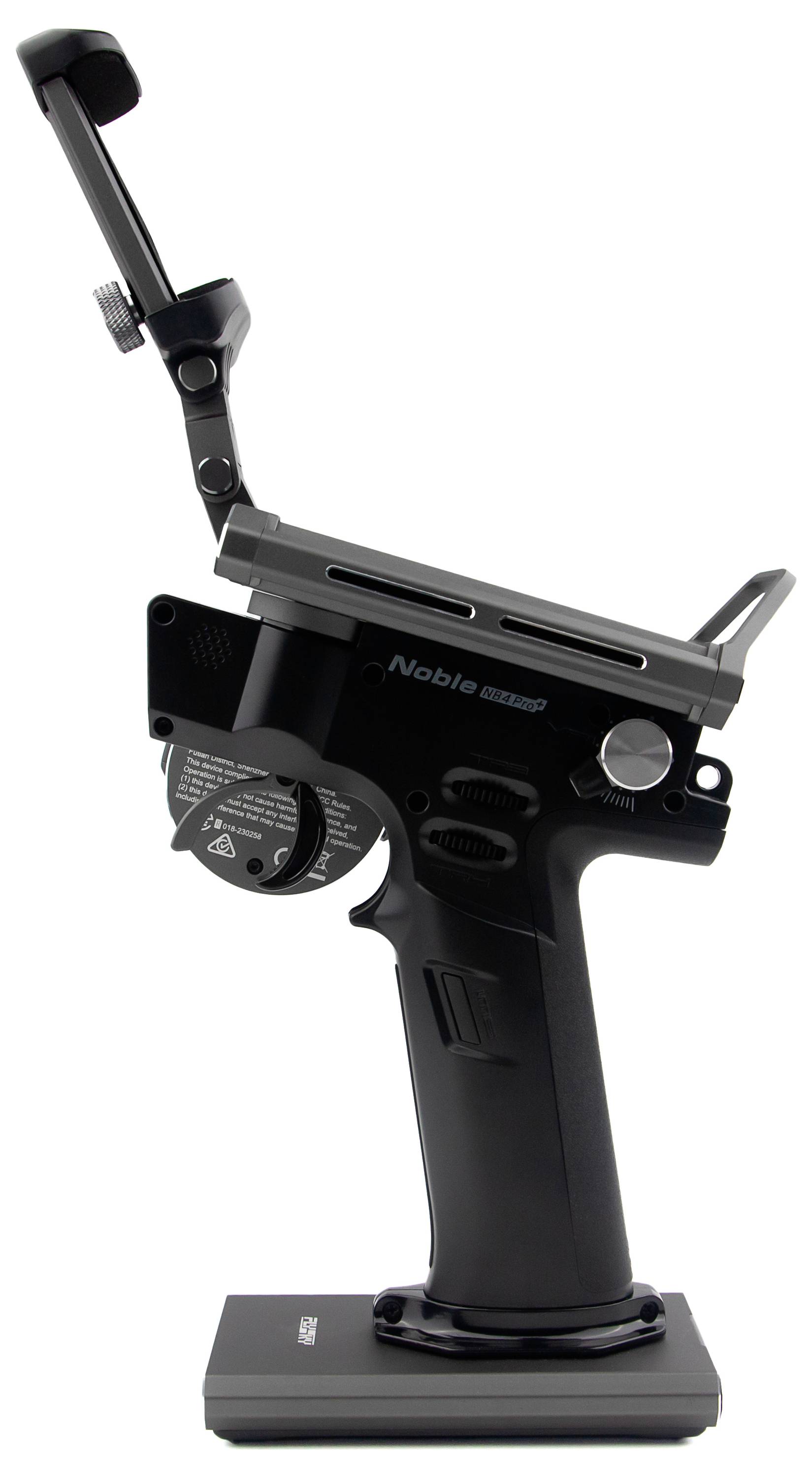 'Black remote control with monitor mount, side view. Suitable for remote-controlled models. Ergonomic design.'